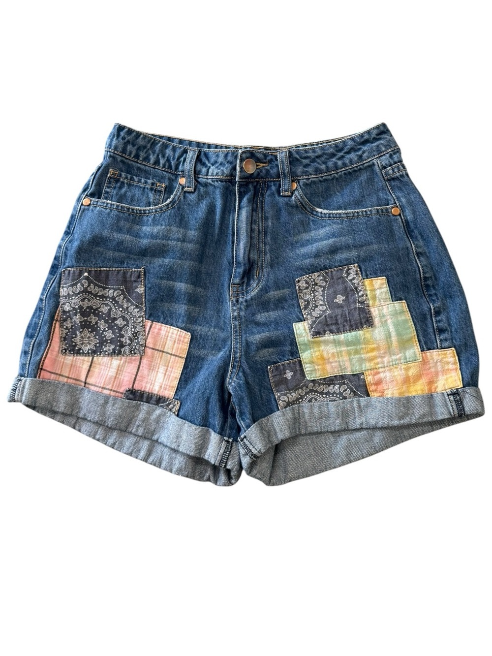 easel Blue Denim Patchwork Cuffed Shorts with Multicolor Patches Size Small